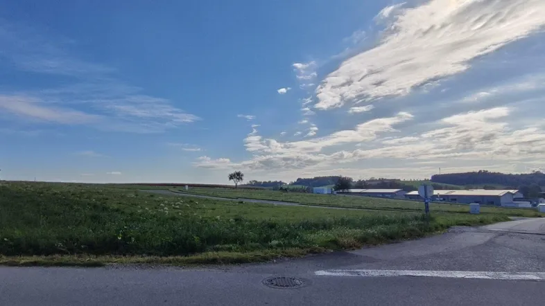 Weitläufige Landschaft mit grünen Feldern, einer Straße und vereinzelten Gebäuden unter blauem Himmel.