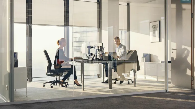 Modernes Büro mit Glaswänden und großen Fenstern, das viel Tageslicht hereinlässt und eine helle Arbeitsumgebung schafft.