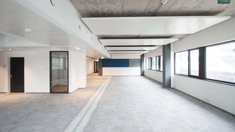 Geräumiges, unmöbliertes Büro mit Teppichboden, großen Fenstern und moderner Deckenkonstruktion.