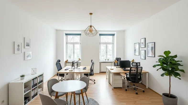 Helles und geräumiges Büro mit mehreren Arbeitsplätzen, Holzboden und großen Fenstern.