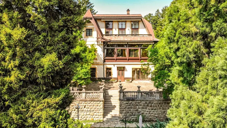 Elegante Villa umgeben von üppigem Grün mit steinerner Treppe und Terrasse.