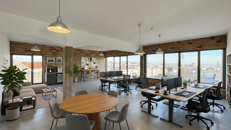 Moderner Großraumbüro mit verschiedenen Arbeitsbereichen, Besprechungstisch und Lounge-Ecke, bietet weite Stadtblicke.