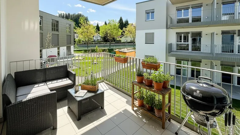 Möblierter Balkon mit Grill und Pflanzen, bietet einen Blick auf die grüne Umgebung und andere Gebäude.