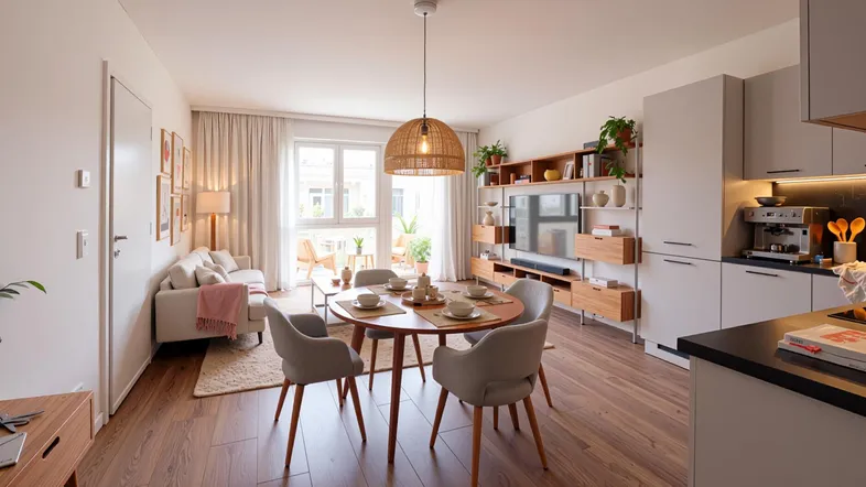 Heller, offener Wohn-Essbereich mit integrierter Küche, Holzboden und modernem Design.