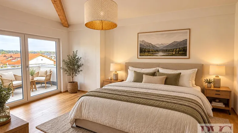 Helles Schlafzimmer mit Holzbalken, Parkettboden und Zugang zu einem Balkon mit Bergblick.