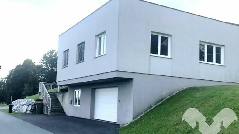 Modernes Gebäude mit grauem Putz und integrierter Garage, umgeben von einer grünen Rasenfläche und Zufahrt.