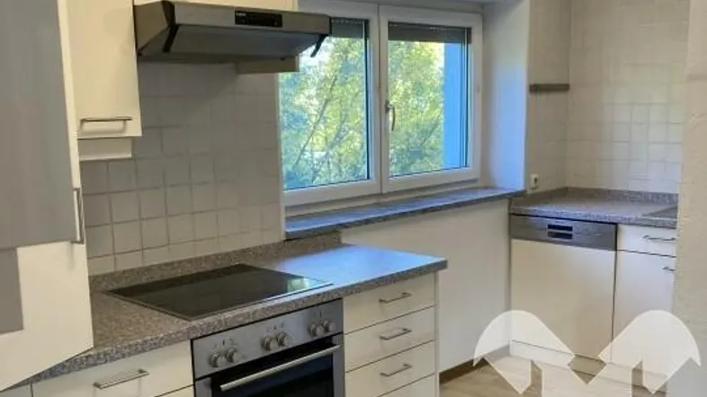 Helle Küche mit weißen Schränken, Granitarbeitsplatte, Induktionskochfeld und Blick ins Grüne.