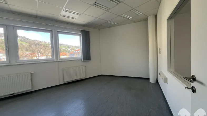 Helles, leeres Büro mit großen Fenstern, die einen weiten Blick ins Grüne bieten und viel Tageslicht hereinlassen.