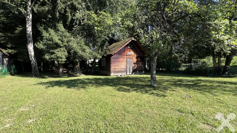 Kleines Holzhaus umgeben von Bäumen auf einer grünen Wiese unter strahlendem Sonnenschein.