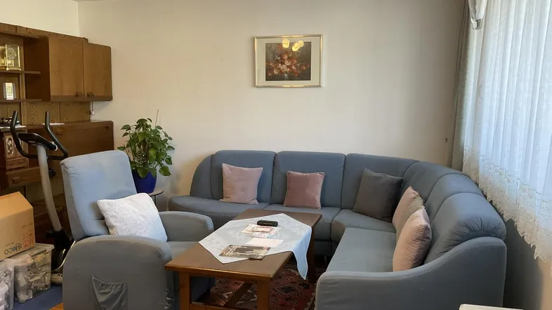 Gemütliches Wohnzimmer mit Ecksofa, Teppichboden und Holzmöbeln, ideal zum Entspannen.
