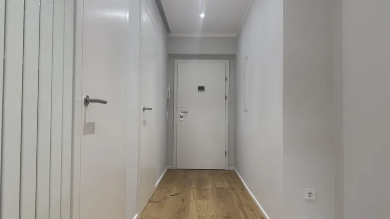 Heller Flur mit Holzboden, weißen Türen und modernen Deckenspots.