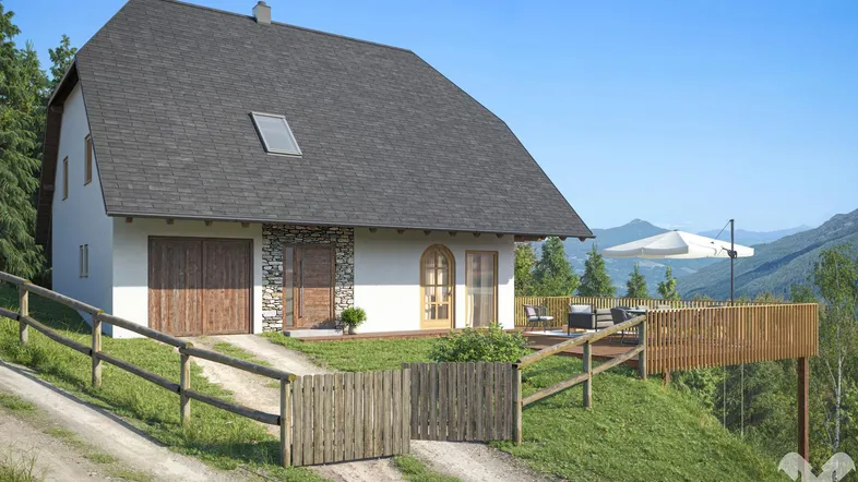 Modernes Haus mit Satteldach, Steinfassade und Holzterrasse in bergiger Landschaft.