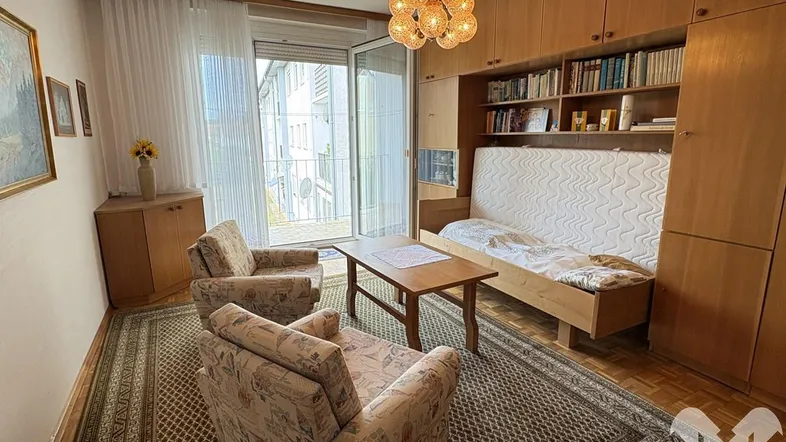 Gemütliches Wohnzimmer mit integriertem Bett, Holzmöbeln und Zugang zum Balkon.