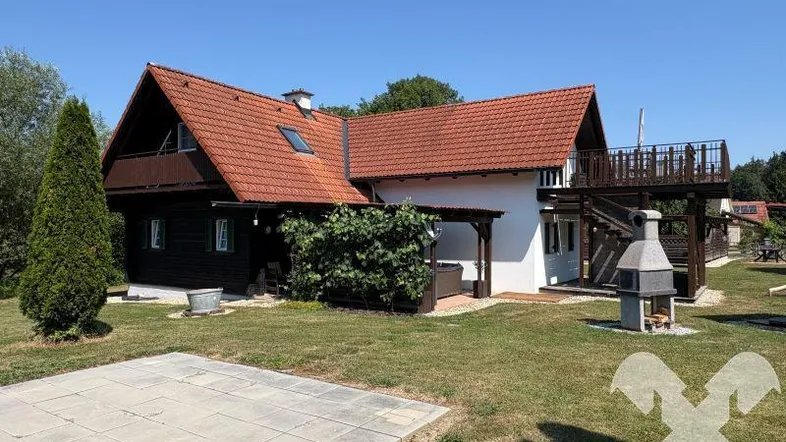 Großzügiger Gartenbereich mit Einfamilienhaus, Terrasse und Grillplatz unter blauem Himmel.