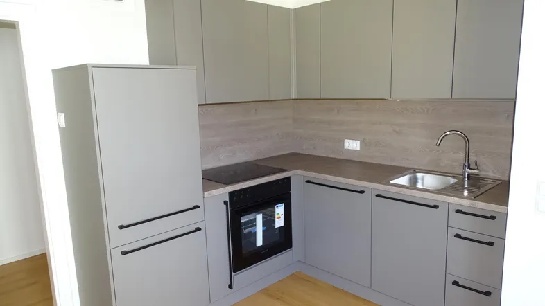 Moderne Einbauküche in Grau mit Holzoptik-Arbeitsplatte, integriertem Backofen und Induktionskochfeld.