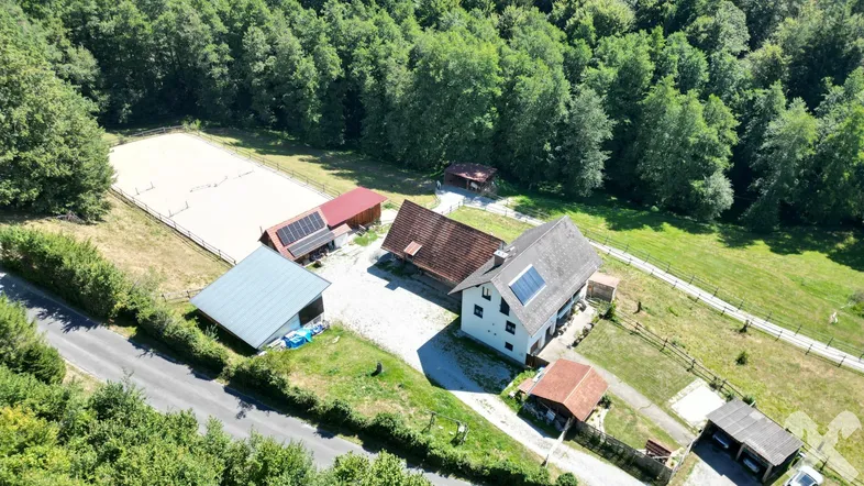 Luftaufnahme des Anwesens mit Wohnhaus, Nebengebäuden, Reitplatz und umgebendem Wald.