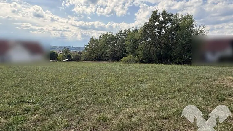 Weitläufiges Grundstück mit grüner Wiese und Baumbestand im Hintergrund unter bewölktem Himmel.