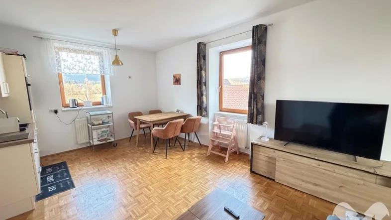 Helles Zimmer mit Parkettboden, Essbereich, Wohnbereich und kleiner Küchenzeile.