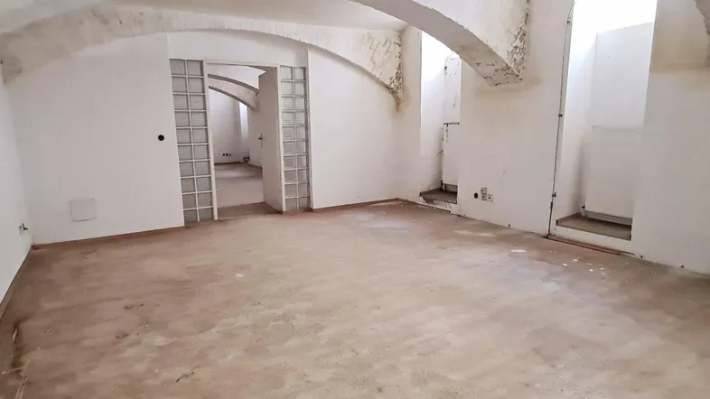 Geräumiger Innenraum mit Gewölbedecken und unfertigem Boden, bereit für Renovierung.