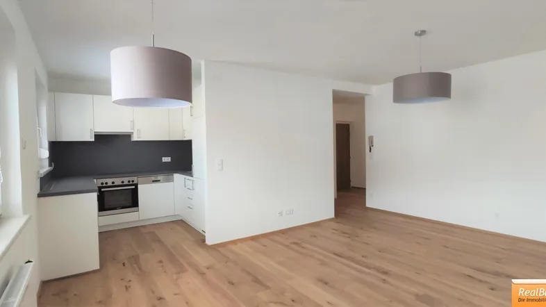 Heller offener Wohnbereich mit integrierter Küche und modernem Parkettboden, ideal für geselliges Beisammensein.
