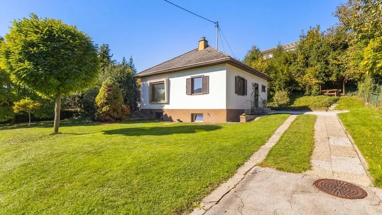 Freistehendes Einfamilienhaus mit großem Garten und Zufahrt auf einem sonnigen Grundstück.