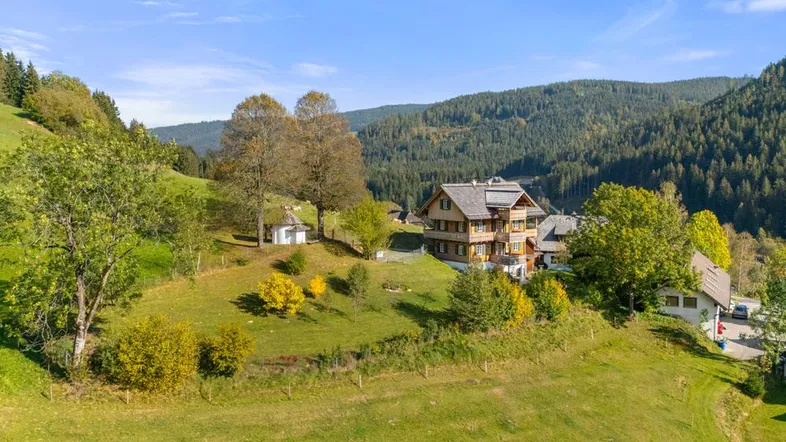 Malerisches Anwesen in ländlicher Umgebung mit grünen Hügeln und Wald im Hintergrund.