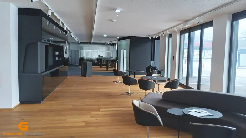 Elegante Lounge mit Holzboden, modernen Möbeln und großen Fensterfronten für Kundenempfang.