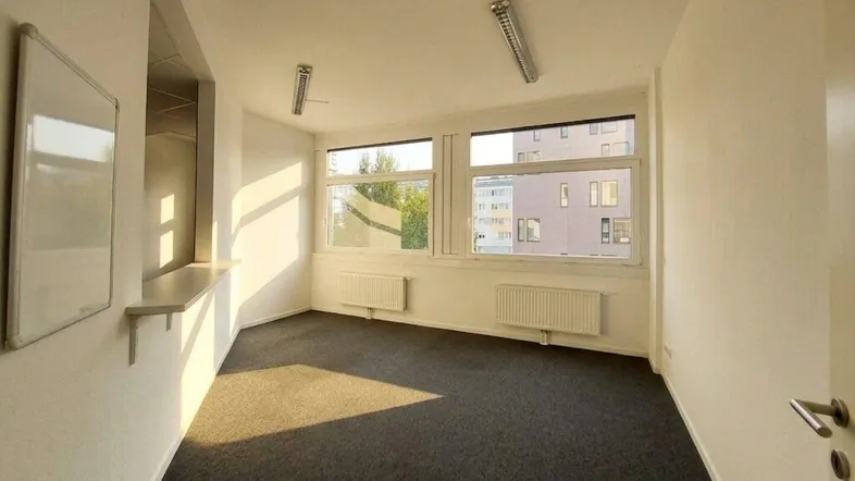 Heller Büroraum mit Teppichboden, großen Fenstern und viel Tageslicht.