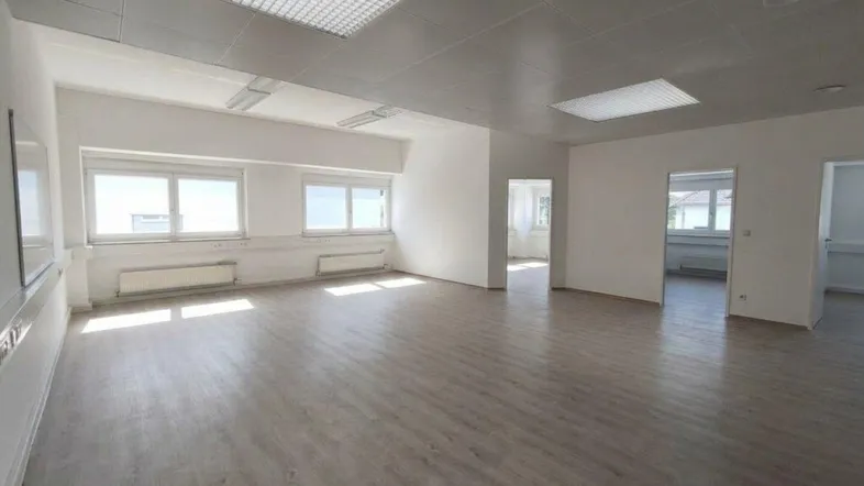 Großer, heller Büroraum mit Laminatboden, vielen Fenstern und abgehängter Decke.