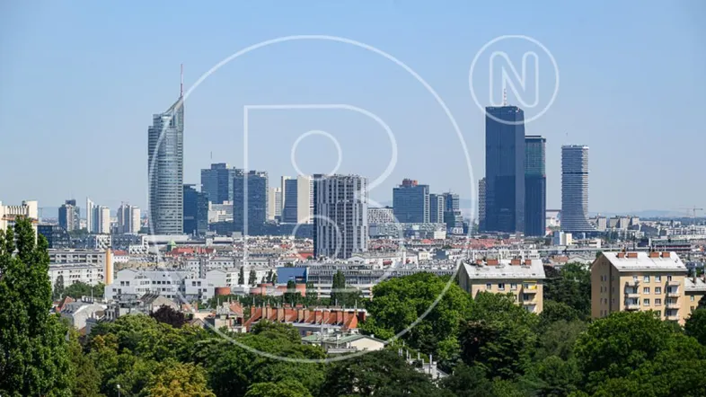 Panoramablick auf die moderne Wiener Skyline mit grünen Baumwipfeln im Vordergrund.