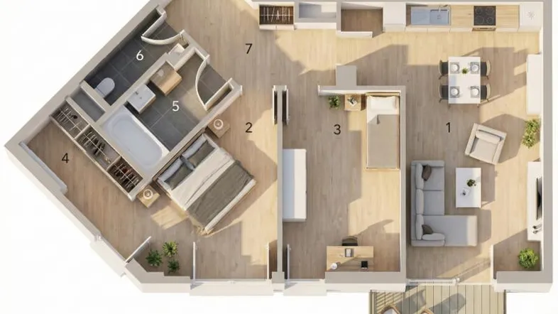 3D-Grundriss einer modernen Wohnung mit offenem Wohnbereich, zwei Schlafzimmern und Balkon.