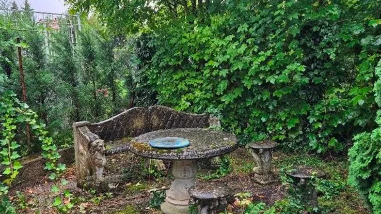 Alter Steintisch mit Bänken in einem verwilderten Gartenbereich, umgeben von üppigem Grün.