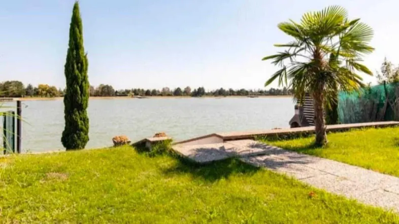 Gepflegter Gartenbereich mit direktem Zugang zum See, umgeben von Palmen und hohen Bäumen.