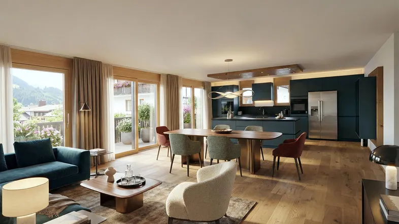 Geräumiger, offener Wohn-Essbereich mit moderner Küche, Holzboden und Zugang zum Balkon mit Bergblick.