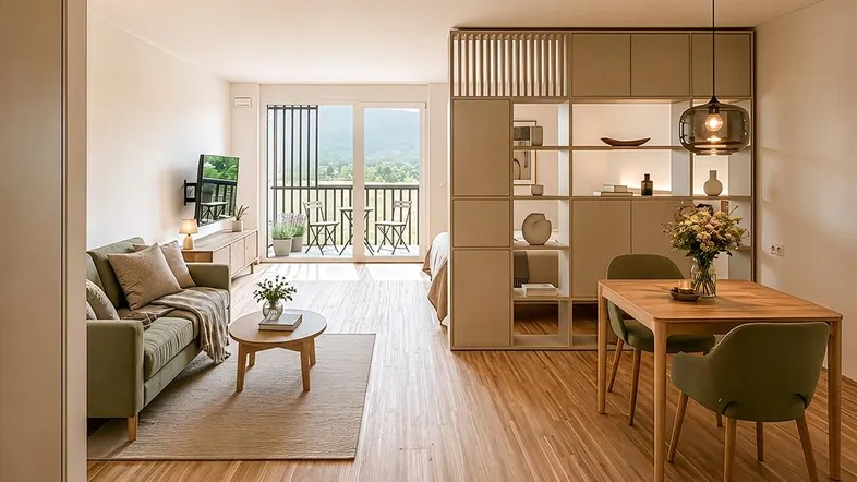 Helles, offenes Studio-Apartment mit Wohn-, Ess- und Schlafbereich sowie Balkonzugang und Bergblick.