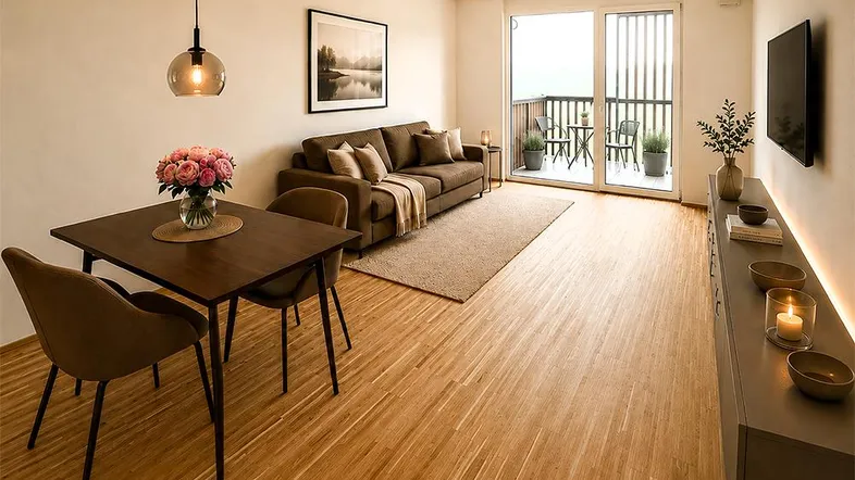 Helles Wohn- und Esszimmer mit Holzboden, modernem Sofa und Zugang zum Balkon.
