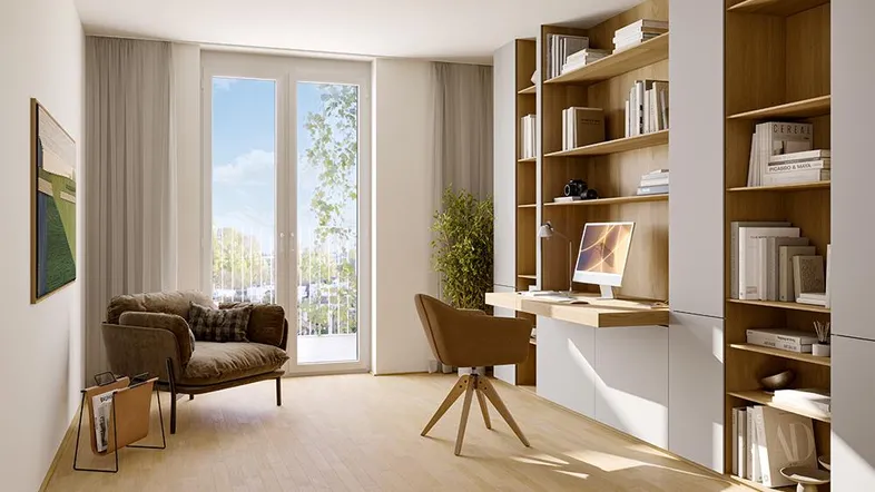 Helles Arbeitszimmer mit integriertem Bücherregal, Schreibtisch und Zugang zum Balkon.