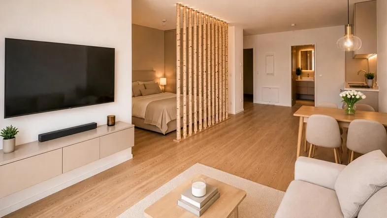 Helles, offenes Wohn- und Schlafzimmer mit Holzboden und moderner Einrichtung, durch Raumteiler getrennt.