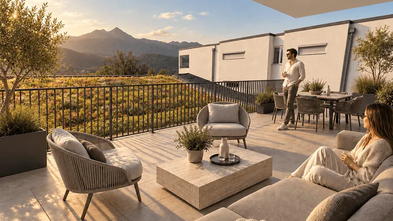 Geräumige Terrasse mit bequemen Lounge-Möbeln und atemberaubendem Bergblick bei Sonnenuntergang.