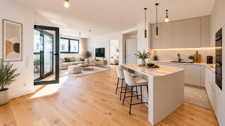 Helles, offenes Wohn- und Esszimmer mit moderner Küche, Kücheninsel und Zugang zum Balkon.