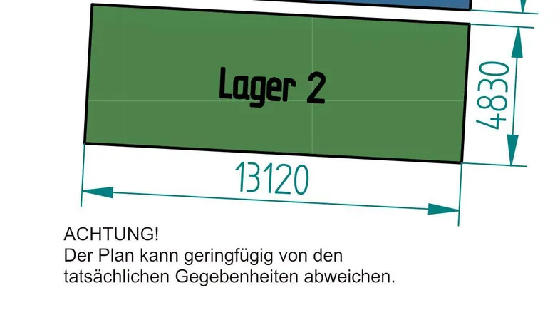 Dieser Grundriss zeigt einen rechteckigen Lagerraum mit angegebenen Abmessungen und der Bezeichnung Lager 2.