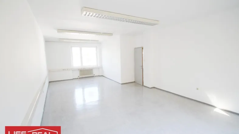 Heller, leerer Raum mit großen Fenstern, hellgrauem Boden und Deckenbeleuchtung, ideal als Bürofläche.