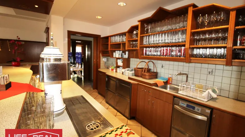 Gewerbliche Küche oder Bar mit Holzeinbauten, Spülbereich und Zapfanlage, ideal für Gastronomiebetriebe.