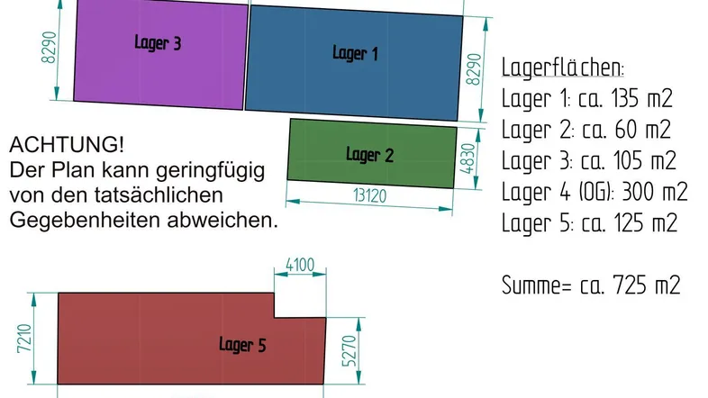 Grundrissplan mit detaillierten Abmessungen und Flächenangaben für verschiedene Lagerbereiche.
