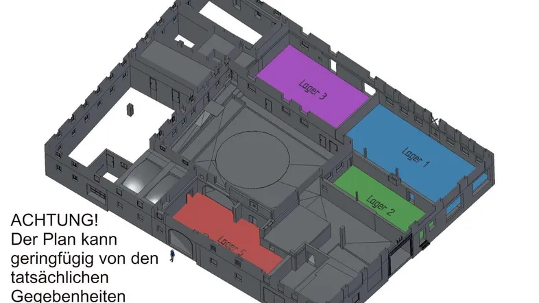 Dreidimensionaler Grundriss, der verschiedene Lagerbereiche in einem Gebäude darstellt.