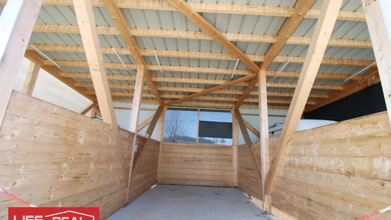 Unfertiger Innenraum mit Holzwänden und sichtbaren Dachbalken, ideal als Lagerraum oder Werkstatt.