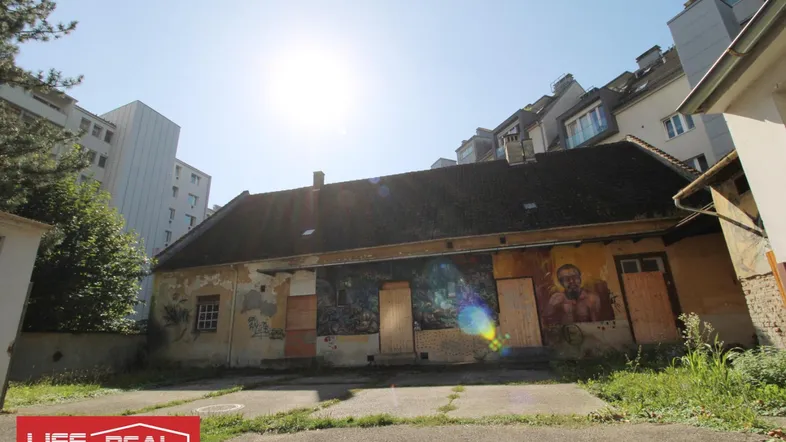 Altes, baufälliges Gebäude mit Graffiti und vernagelten Fenstern unter strahlendem Sonnenschein.