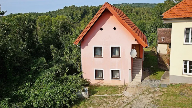 Hausfassade in Rosa mit rotem Dach und umgeben von viel Grün und Bäumen.
