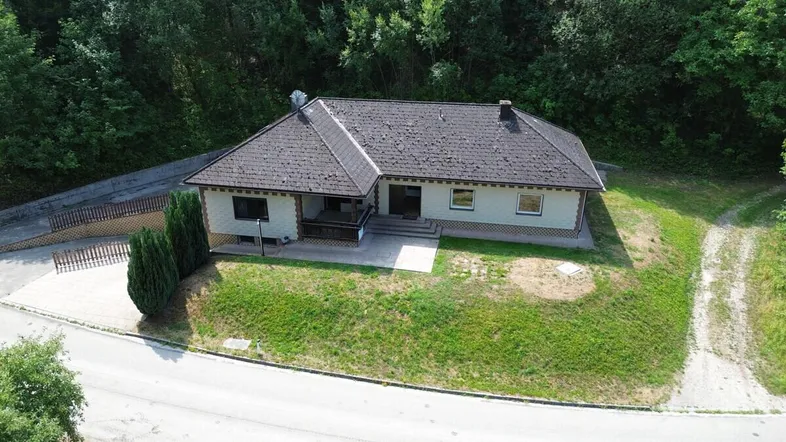 Luftaufnahme eines Einfamilienhauses mit Satteldach, umgeben von üppiger grüner Natur.