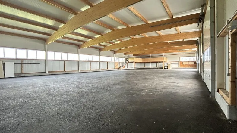 Geräumige Industriehalle mit hohen Decken, sichtbaren Holzbalken und natürlichem Lichteinfall durch Fensterreihen.